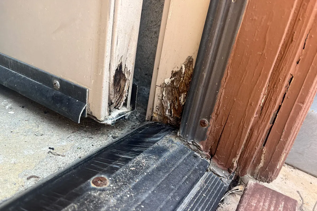 Crumbling dryrot at base of door frame