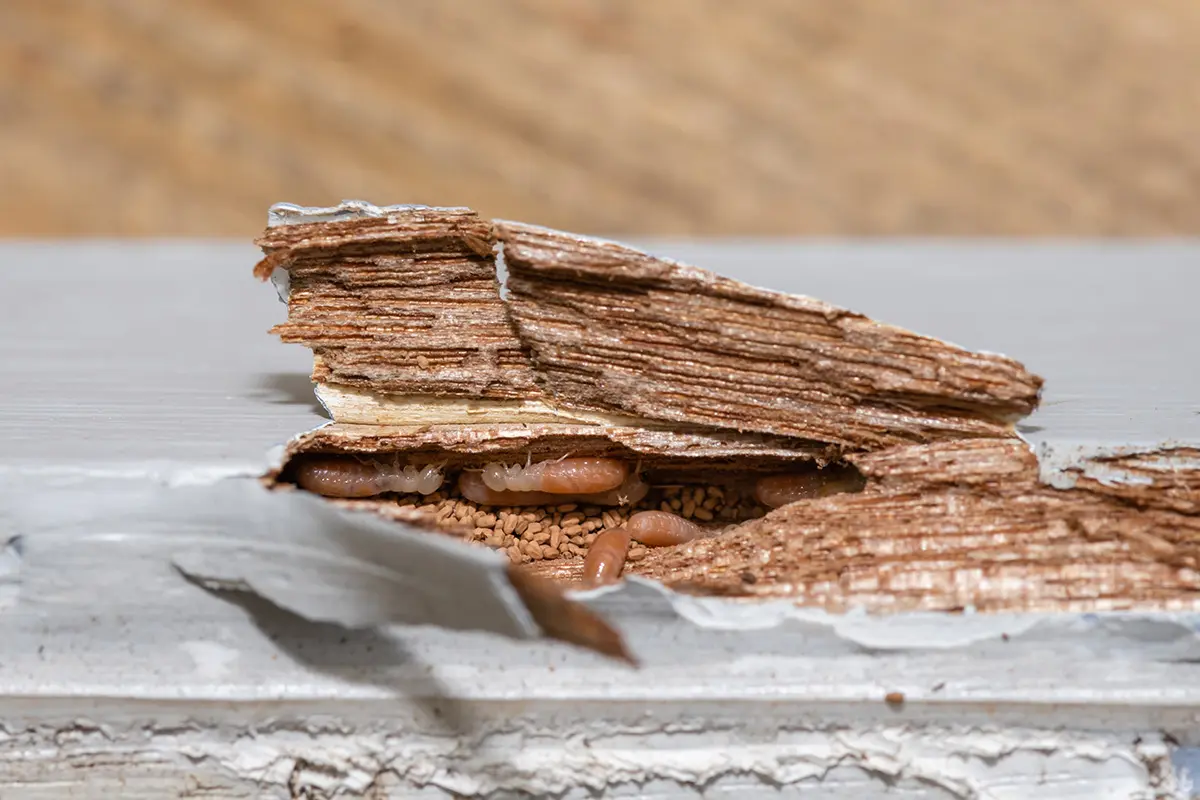 Drywood termites and frass inside damaged wood